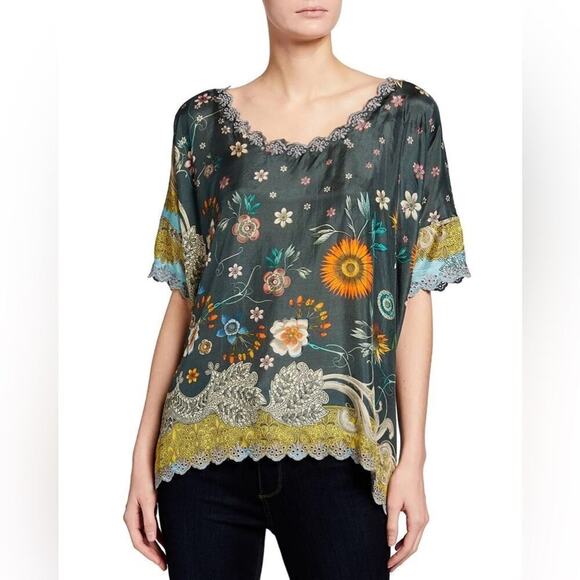Johnny Was Gray scalloped Adalee 100% silk floral print blouse top 1X NWT - Picture 1 of 9